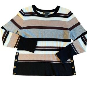 Striped Button Accent Sweater‎ Long Sleeve Crew Neck Brown Gray White